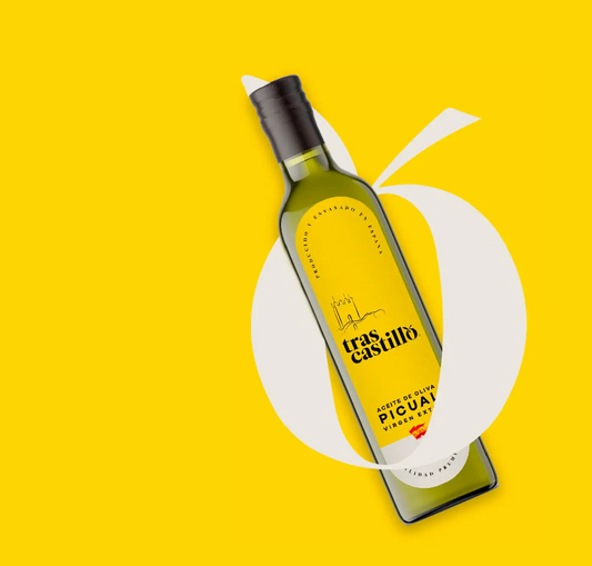 Aceite de oliva virgen extra marca Trascastillo sobre un fondo amarillo