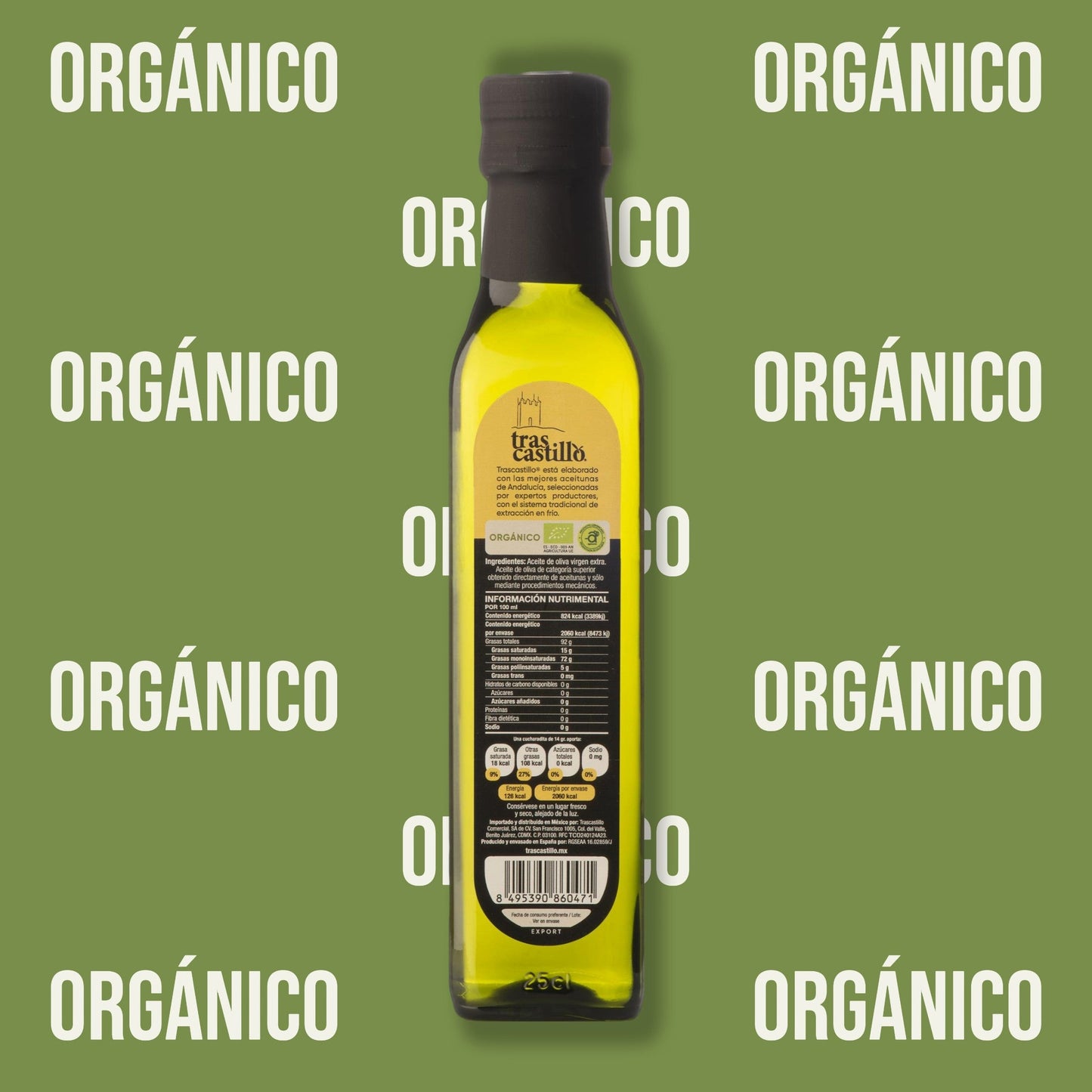 Aceite de oliva virgen extra orgánico 250 ml reverso con fondo verde