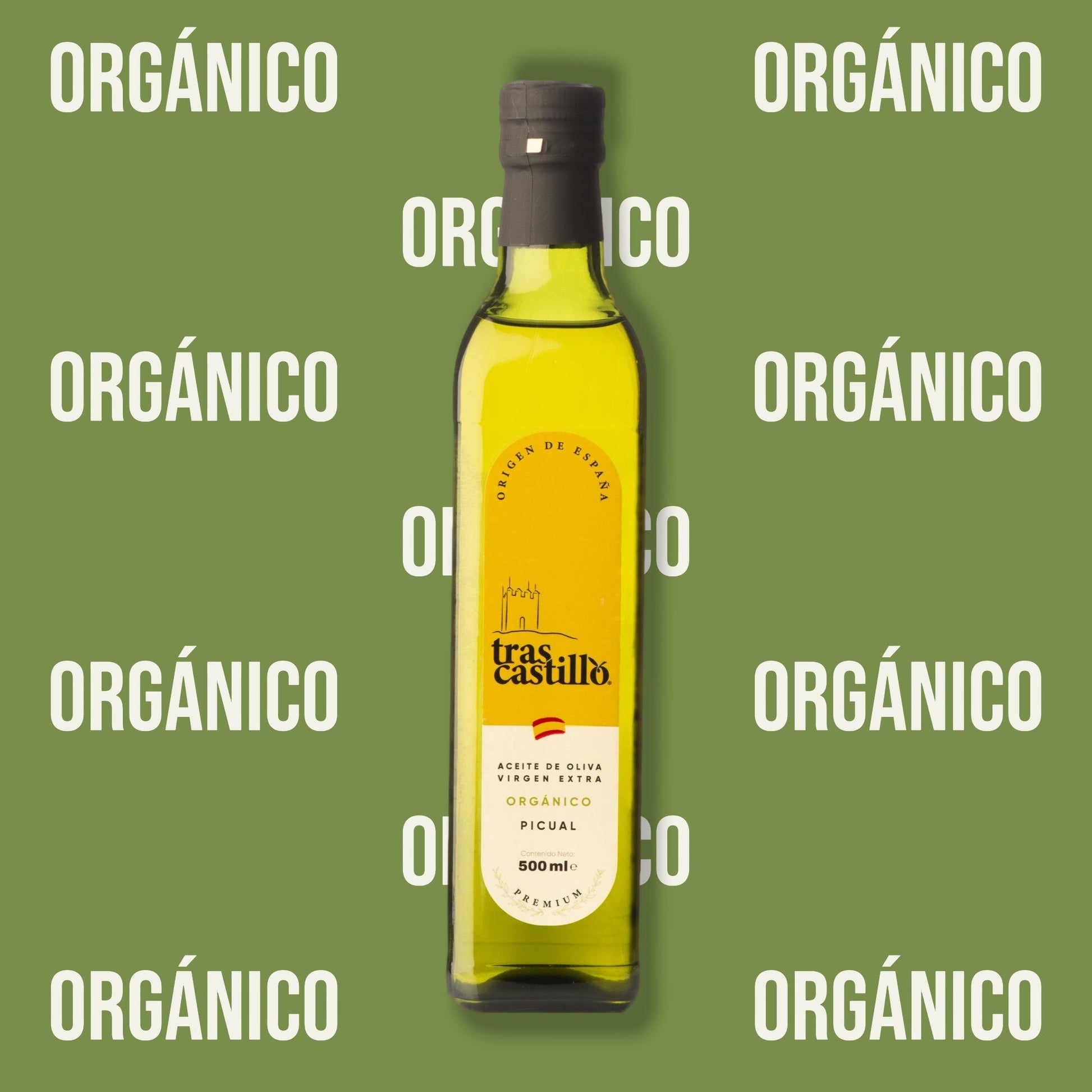 Aceite de oliva virgen extra orgánico 500 ml frente fondo verde