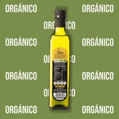 Aceite de oliva virgen extra orgánico 500 ml reverso fondo verde